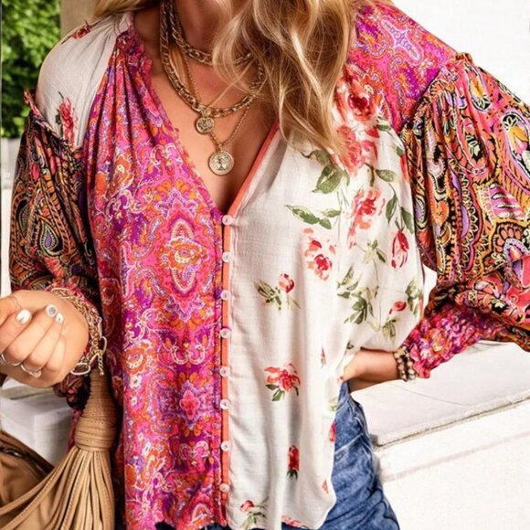 Free People Gemini Floral Paisley Mixed Patchwork Boho Blouse Button Oversize - Picture 1 of 15